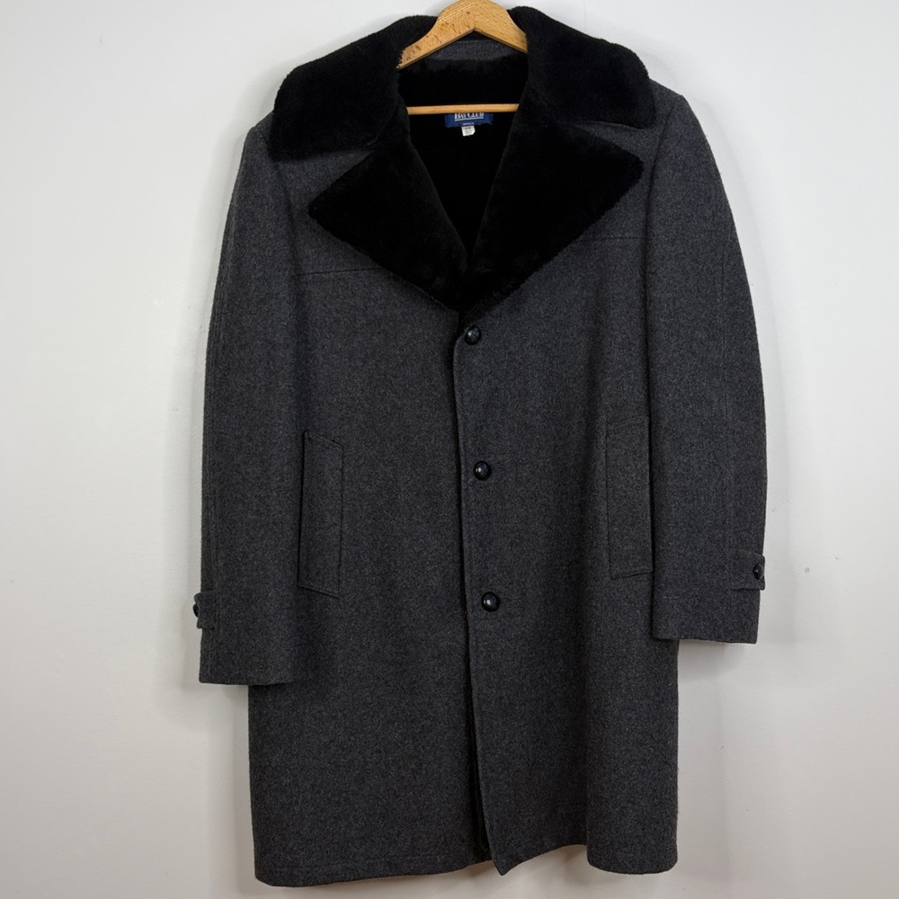 Vintage Overcoat Mens 42 Gray Wool Black Faux Shearling Retro Winter Jacket